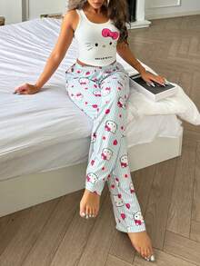 SANRIO [WONDER WORLD]2pcs Hello Kitty Women Graphic Crop Top + Elastic Waist Pants Cute Pajama Set - White - View 7