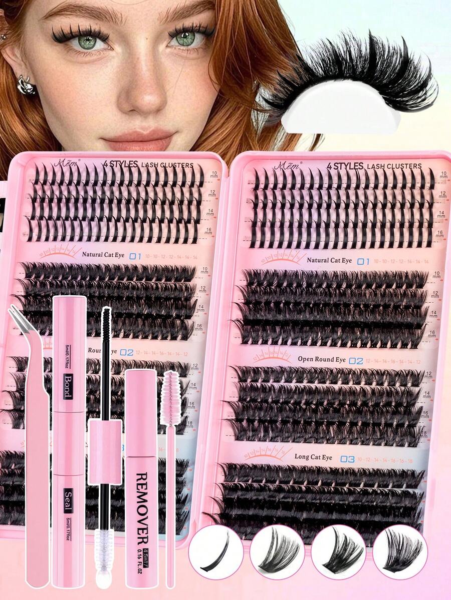 MEM 544pcs Cartoon Style Eyelash Extension Kit, Spiky Lash Set, Individual Lash Extension Set, Mixed Length 10-18mm, Reusable With Glue, Sealant, Tweezers And Brush, Suitable For Daily Use And Home Party Makeup, Lightweight And Thick Lash Set (Fairy + 80D + 100D + 120D) - 黑色 - 查看 1