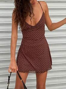 Đầm ngắn gợi cảm thời trang mùa hè in chấm bi hở lưng dây buộc dành cho nữ - màu nâu - Xem 5