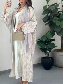1件優雅條紋休閒開衩袖口精緻綁腰條紋印花長款阿巴雅開襟長袍披肩，適合日常穿著與聚會，秋季適用 - 彩色 - 查看 1