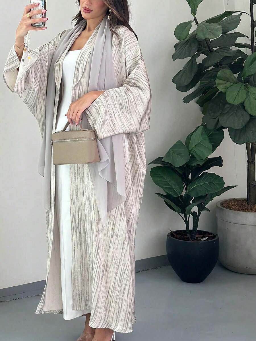 1件優雅條紋休閒開衩袖口精緻綁腰條紋印花長款阿巴雅開襟長袍披肩,適合日常穿著與聚會,秋季適用 - 彩色 - 查看 1