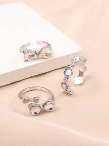 3pcs/Set Fashion Y2K Style Bow & Heart Rhinestone Ring Set, Suitable For Girls, For Party And Daily Wear - Multicolor - View 14