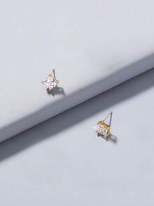2 đôi bông tai vuông đính đá Cubic Zirconia cho bé gái, phụ kiện cơ bản hàng ngày. - Vàng - Xem 1