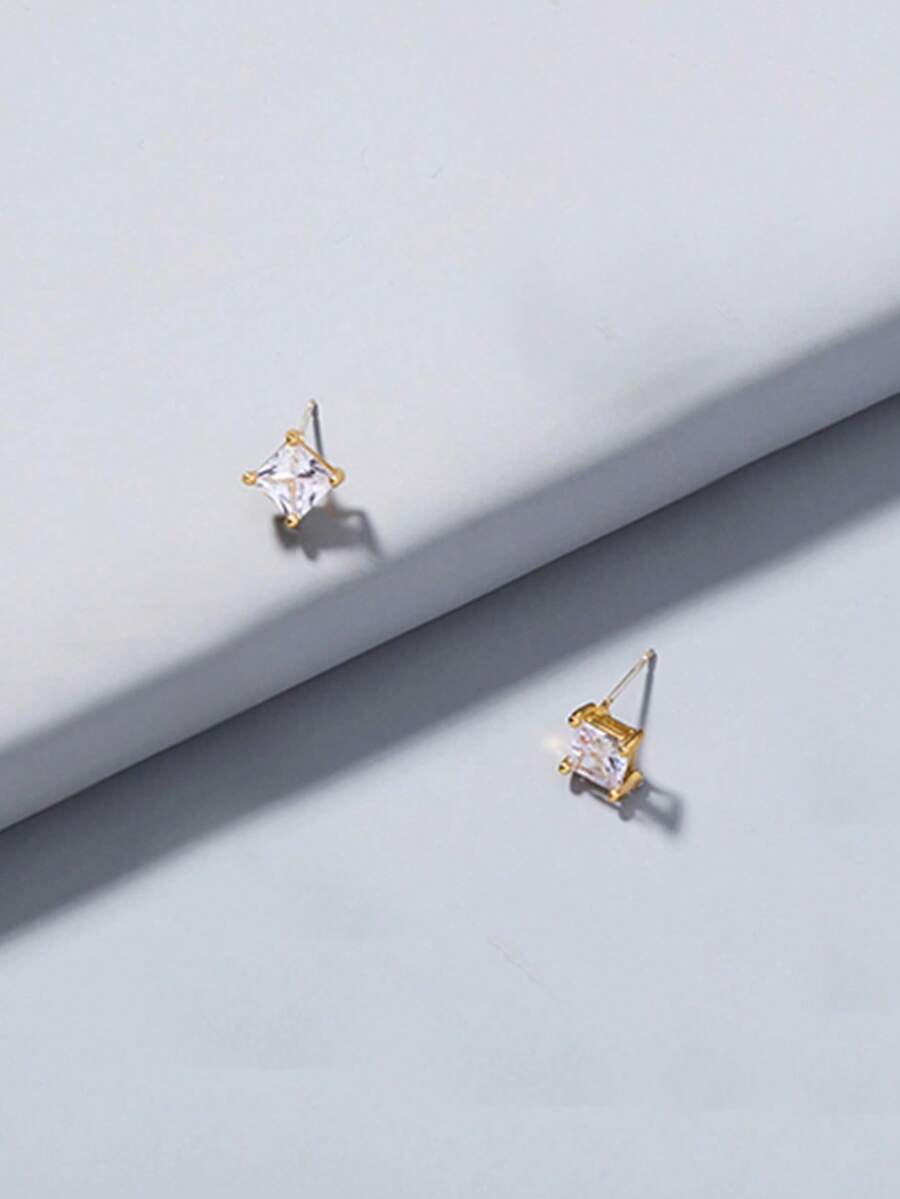 2 đôi bông tai vuông đính đá Cubic Zirconia cho bé gái, phụ kiện cơ bản hàng ngày. - Vàng - Xem 1
