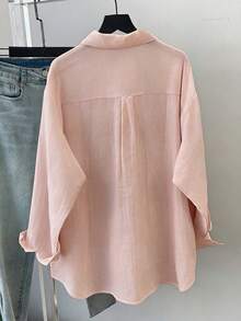 Plus Size Women's Solid Color Long Sleeve Casual Loose Blouse, Spring/Summer - Light Pink - View 2