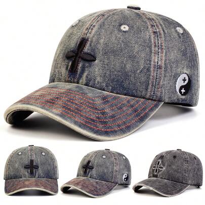 1 chiếc mũ lưỡi trai denim nam kiểu vintage họa tiết hoa chéo, phong cách đường phố thường ngày, thích hợp cho mùa xuân, mùa thu, du lịch, đi biển.