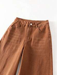 Women's Casual Elegant Wide Leg Jeans, With Pockets And Zipper, Long Length, Medium Stretch, Gray Spring - 咖啡棕 - 查看 6