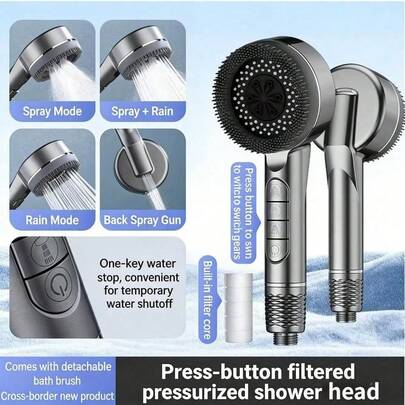 新款按钮控制式增压手持花洒套装，具备四种功能：喷枪、按摩和过滤式雨淋花洒