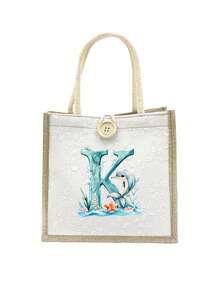 1pc Linen Handbag With Cute Dolphin Letters A-Z, Ditsy Floral Linen Button Decorative Handbag, Portable Travel Beach Handbag, Swimming Gear Storage, Button Embellished Handbag, Simple Large Capacity Handbag, Portable Casual Storage Handbag, Multifunctional Shopping Bag, Gifts For Family, Friends, Loved Ones, And Teachers, Unique Birthday Gifts, Holiday Gifts, Party Gifts, Mother's Day Gifts, Wedding Gifts, Back-To-School Gifts - Multicolor - View 13
