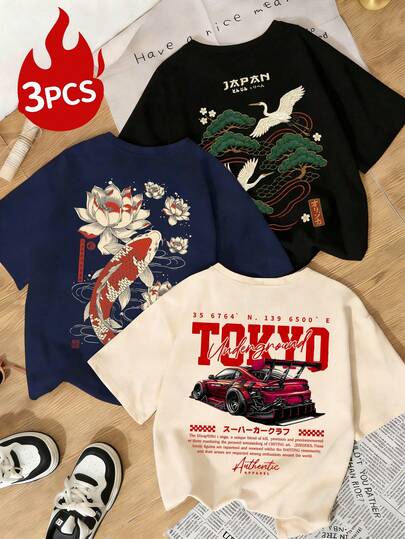 Bộ 3 áo thun nữ mùa hè mới, kiểu dáng thời trang, in họa tiết nhiều màu sắc, cổ tròn, tay ngắn, thiết kế đa năng theo phong cách Trung Quốc với hình cá chép, chim hạc và xe thể thao, phù hợp cho mặc hàng ngày và đi nghỉ mát.