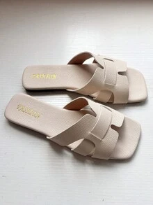Sandalias planas deslizantes para mujer, diseño floral con estampado de cocodrilo de punta cuadrada, color beige, adecuadas para vestidos en verano - Beis - Ver 5