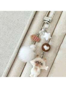 1pc Unisex New Korean Cute Eating Fish Cat Keychain, Cartoon Fish Star Fuzzy Ball Beaded Phone Strap, Backpack Car Key Chain, Party Birthday Holiday Gift - Multicolor - View 6