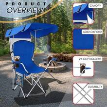 Folding Camping Chair With Canopy Portable Foldable Beach Chair W/ Sun Shade -- Blue - As Pic - View 2