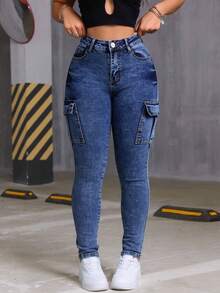 Skinny Cargo Jeans, Blue Wash, Stretchy, With Multiple Pockets, Butt-Lifting Effect, Fitted Cuffs - Light Wash - View 6