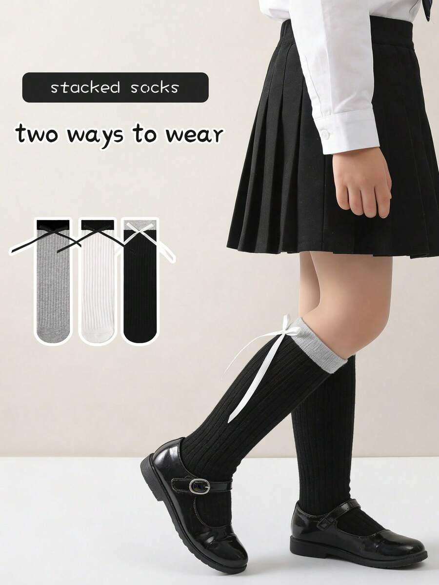 3双装女童蝴蝶结过膝袜，公主风纯棉袜，适合春夏穿着 - 彩色 - 查看 1