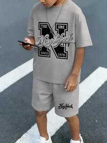2pcs/Set Teenager Boys' Casual Funny English Letter Print Round Neck Short Sleeve T-Shirt And Shorts Set, Summer - Grey - View 5