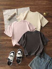 3件套女童夏季休闲宽松短袖T恤，甜美数字67星星甜甜圈糖果印花，可爱少女上衣套装 - 彩色 - 查看 2