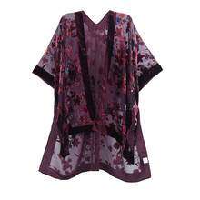 WeHello-Burnout Velvet Kimono For Women Long Cardigan Beach Cover Up Vacation Casual Shawl Swimwear Coverups Clothes Outfit Womenswear Chic Party Piece SpringStatements - 銅色 - 查看 1