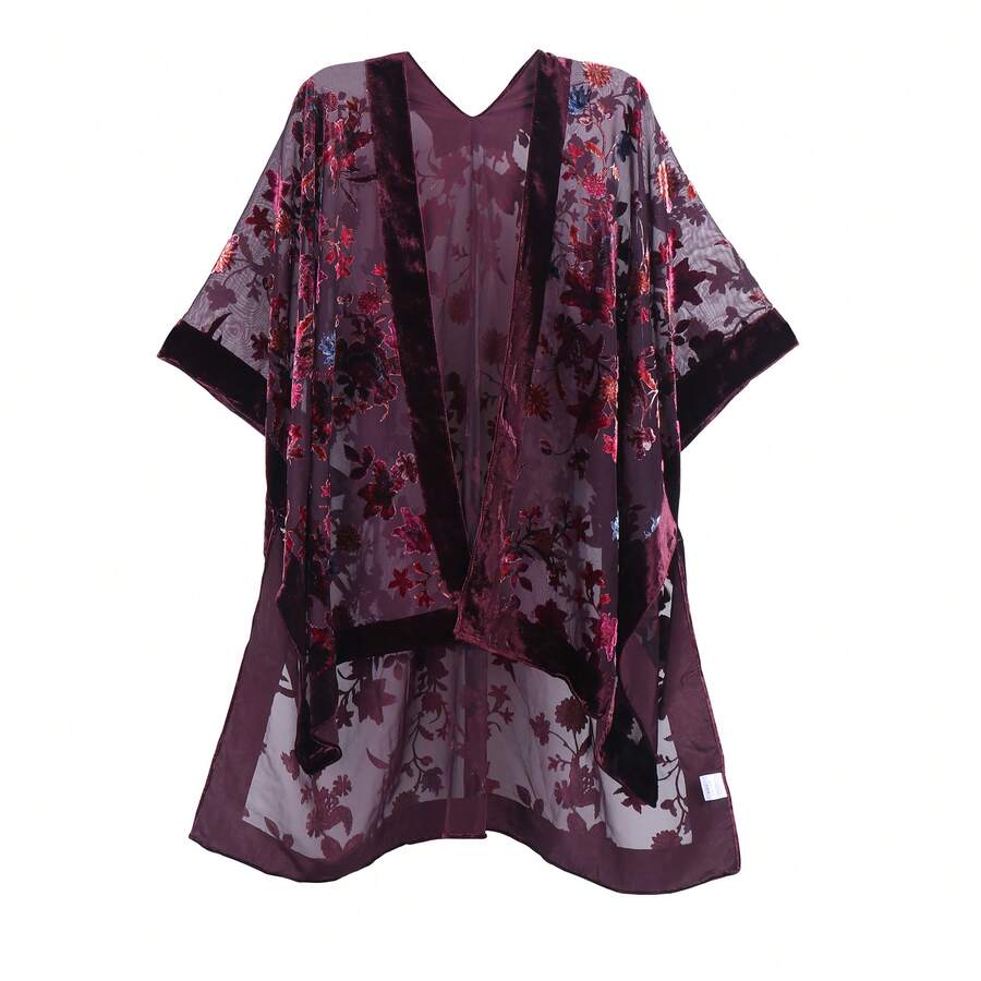 WeHello-Burnout Velvet Kimono For Women Long Cardigan Beach Cover Up Vacation Casual Shawl Swimwear Coverups Clothes Outfit Womenswear Chic Party Piece SpringStatements - 銅色 - 查看 1