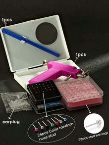 124pcs/Set Reusable Ear Piercing Kit: Complete Ear & Nose Piercing Set, Professional DIY Jewelry Kit Includes 98 Hypoallergenic Silver Plated Earrings, 1 Piercing Gun, And 24 Colorful Nose Studs. One-Time Low Pain Ear Piercing Gun Designed For Home Safety, Ideal For Students And Personal Ear Piercing, Provides High-Quality Beauty Tools And Accessories - Multicolor - View 4