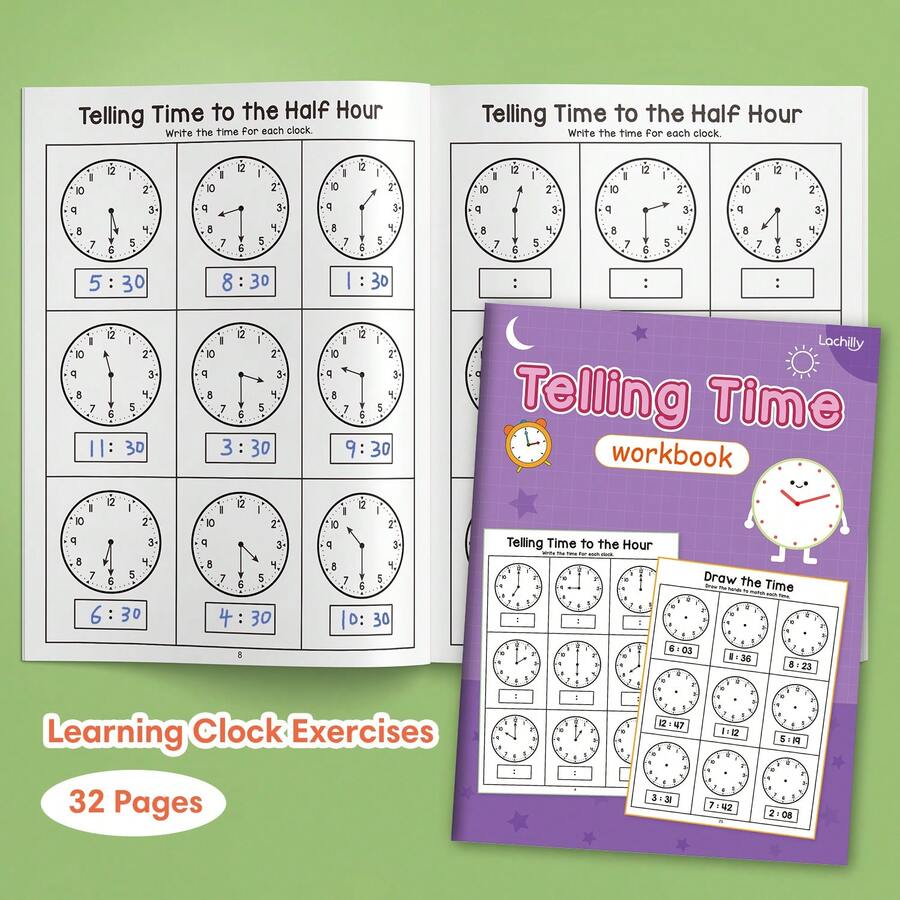 Children's Telling Time Practice Book Kindergarten Learning Read Clock Educational Activity Workbook Homeschool Math Learning Tool