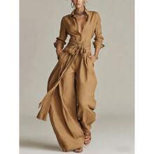 2026 Spring New Women's Fashion Elegant Solid Color Collar Top And Casual High-Waist Long Pants Two-Piece Set - 卡其色 - 查看 2