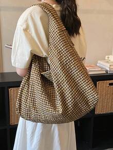 Retro Small Plaid Pleated Large Capacity Tote Bag, Loose Casual Style Versatile Shoulder Bag For Women, Artistic Mori Style Plaid Tote, Casual Versatile Shopping Cloth Bag, College Style Schoolbag For Students, Short Trip Travel Bag, Multi-Pocket Zoned Cloth Bag - Khaki - View 4