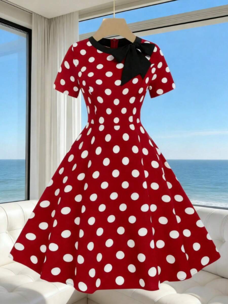 Elegant Women's Red Polka Dot Casual Dress, Short Sleeve Round Neck With Ruffle Hem Zipper, A-Line Fit And Flare Style Vacation Summer - Multicolor - View 1