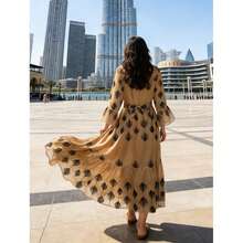 Conjunto de vestido de moda abaya, estilo del Medio Oriente, árabe, Dubai, con robe de malla y bordado para mujeres, para la primavera y el Eid - Caqui - Ver 7