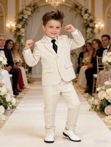 3pcs Young Boy's Suit Set (Jacket + Pants + Tie), Formal Outfit For Piano Performance, Wedding, Ceremony - كاكي - مشاهدة 5