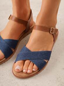 VICES Flat Sandals With X-Shaped Strap - Blue - View 4
