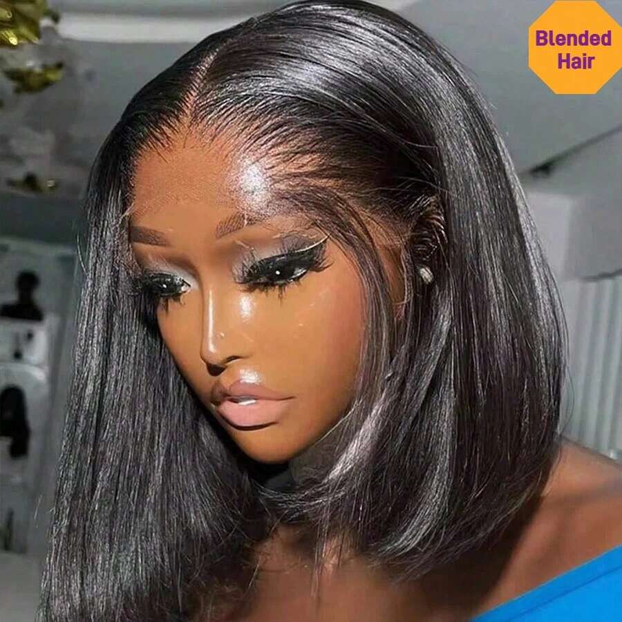Natural Black Short Bob Straight Wigs 13x4 13x6 HD Lace Front Wig 180% Density 4x4 5x5 Glueless Pre Cut Lace Closure Wig Heat Resistant Synthetic Mixed Human Blended Hair Wig With Baby Hair Preplucked Bone Straight Hair For Women Wear And Go Pre-Cut Lace Is Available For 4*4 5x5