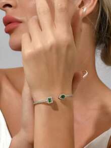 1 chiếc vòng tay dạng mở, thiết kế hình vuông tối giản hình giọt nước thời trang, đính đá Zirconia siêu nhỏ trên chất liệu đồng, thích hợp đeo hàng ngày, quà tặng ngày Valentine. - Nhiều màu - Xem 5