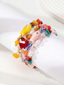 4pcs/Set Glass Beads Bracelets, Boho Handmade Ceramic Fish Bead Bracelets Set For Women, Spring/Summer Jewelry (Note: The Ceramic Fish Beads May Have Air Bubbles And Black Spots, Which Are Normal And Not Quality Issues) - Multicolor - View 2