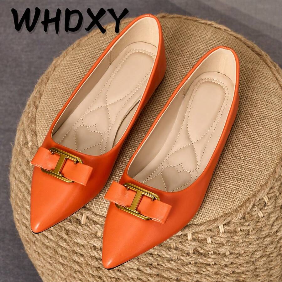 WHDXY 女士法式平底鞋,尖头蝴蝶结套脚鞋,百搭黑色复古乐福鞋,舒适休闲鞋 - 亮橙色 - 查看 1