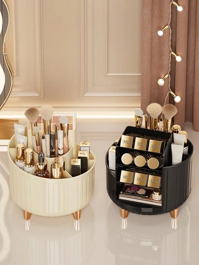 1pc,Yellow/White/Pink/Black,360° Rotating Makeup Brush Holder, Multi-Tier Large Capacity Cosmetic Organizer, Vanity Desk Storage Rack, Dustproof Rotatable, Lipstick Eyeshadow Brush Pen Cylinder, Premium Ins Style, Dorm Bedroom Home Use, Gift For Her