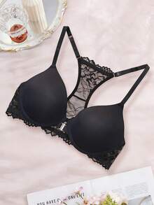 1 chiếc áo ngực không gọng màu đen, cài trước, phối ren, họa tiết hoa, kiểu dáng gợi cảm dành cho nữ. - màu đen - Xem 7