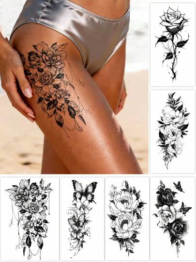 (6 piezas) Pegatinas de tatuaje temporal con diseño floral en boceto negro, tatuajes falsos con patrón de cadena floral en boceto negro, resistentes al agua, al sudor y a los arañazos, fáciles de usar, adecuados para que las mujeres los usen en fiestas, reuniones y uso diario, se pueden aplicar en el abdomen, los muslos, la clavícula, la espalda y otras áreas, ideal para el Día de San Valentín