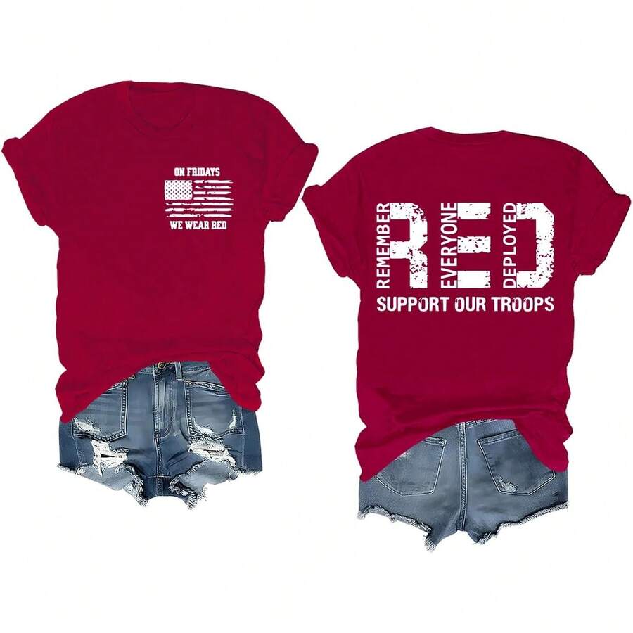 Red Friday Shirt On Fridays We Wear Red Tshirt Remember Everyone Deployed Shirts For Men Women Camisetas Para Mujer Camisas Para Mujer Graphic Tees Summer Tops For Women - 酒紅-1 - 查看 1