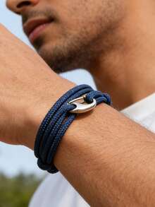 1 chiếc vòng tay nam nhiều lớp bằng dây nylon bện kiểu hàng hải, khóa bạc, chống thấm nước, thích hợp đeo hàng ngày, đi biển, đi nghỉ mát và làm quà tặng. - Vòng tay xếp lớp với khóa hình thuyền - Xem 9