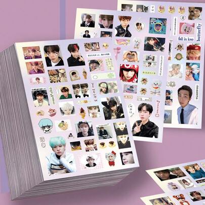 8pcs/Set K-POP Members Sticker Pack, High-Quality Idol Photos, Includes All Members RM, Jin, J-Hope, Jimin, V, Cute Cartoon Decorative Materials, DIY Planner & Journal Supplies, Suitable For K-Pop Fans, Cute Cartoon Animals, Chibi Expressions, Handwritten Korean & English Text, Decorative Small Icons