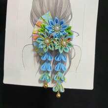 Japanese Kimono Headwear Ancient Style Handmade Flower Hair Clip Cloth Sweet Tassel Flower Hairpin - A7 - 查看 9