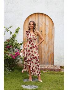 Women's Summer One Shoulder Sleeveless Floral Ruffle Flowy High Low Maxi Dress Wedding Guest Sundress - Floral White Red - View 5