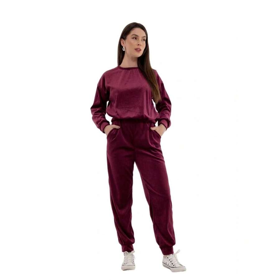 Women's Long Sleeve Velvet Set Plus Size With Pockets HF-CON-050 - 酒紅色 - 查看 1