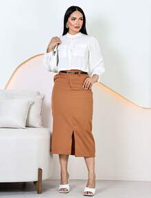 Women's Elegant Tailored Midi Skirt With Belt - 駝色 - 查看 3