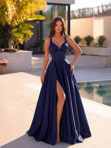ADYCE 优雅V领高腰高开衩A字露背交叉肩带长款派对礼服，适合舞会、生日派对、正式晚宴、约会、盛大晚宴、婚礼宾客、春季正式场合等。 - 藏蓝色 - 查看 1
