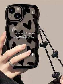 Black Butterfly Heart Lanyard Suitable For IPhone 16 Pro Phone Case, Silicone Wavy Edge 15/14/13/12/11 Personalized Anti-Drop Soft Case - Black - View 2