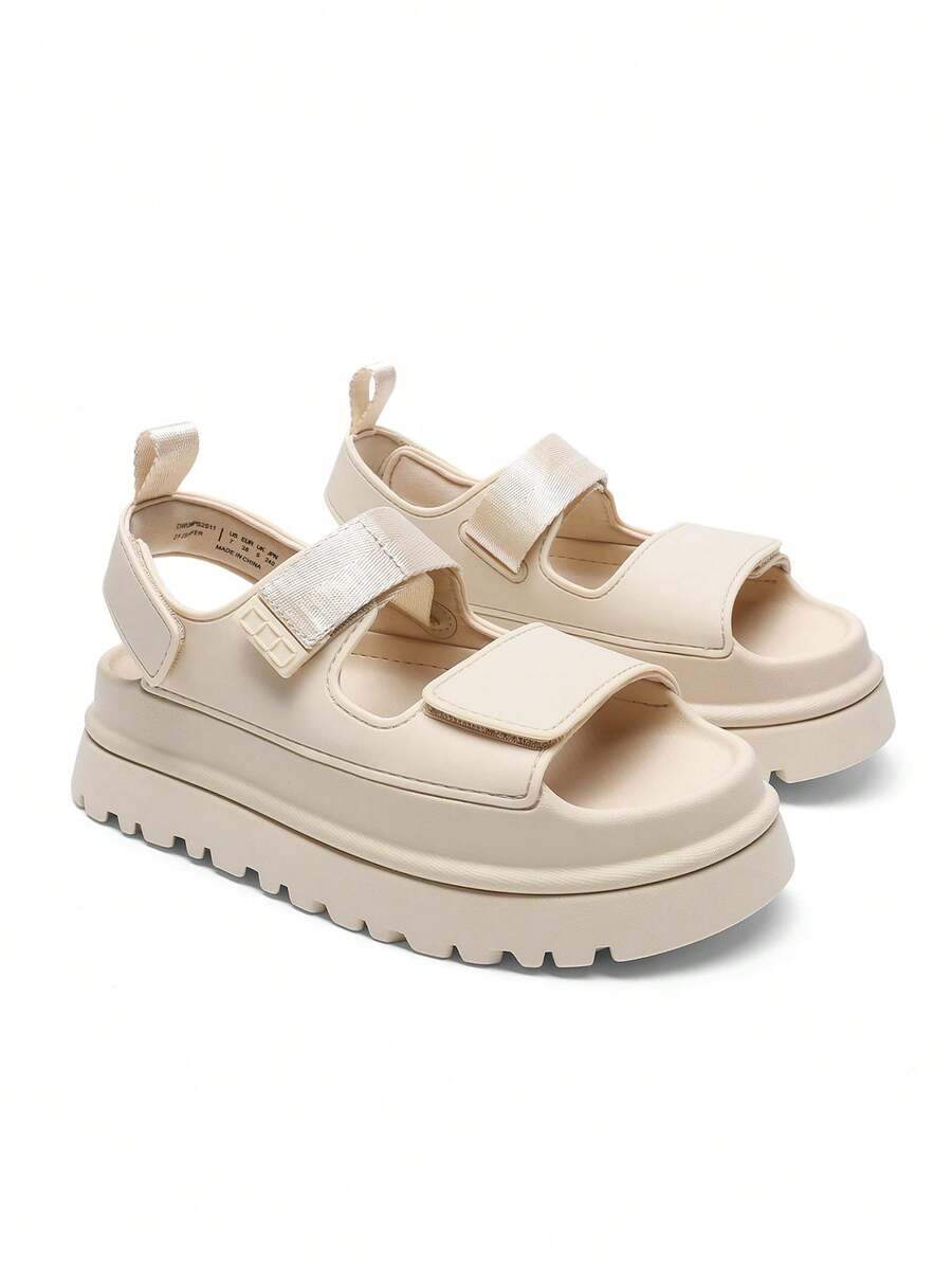 Women Platform Wedges Sandals Chunky Open Toe Comfortable Walking Casual Fashion Flat Sandals With Adjustable Hook Loop Straps Outdoor Shoes - 杏色 - 查看 1