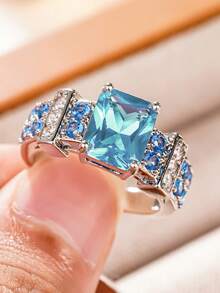 1 Peça Anel de Zircônia Cúbica Feminino, Adequado para Casamento, Noivado, Uso em Festas, Presente do Dia dos Namorados - Azul bebê - Visão 2