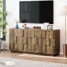 Aparador tipo buffet natural, consola moderna de mediados de siglo con 4 puertas, estante abierto con estantes ajustables, mesa de bar de café de 60 pulgadas para cocina y sala de estar, color natural. - Marrón rústico BSB-111 - Ver 7